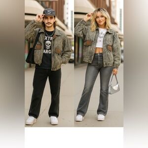 Vtg Y2K 90s Acid Wash Denim Chore Coat Sherpa XS S M Leather Trim Jacket NWT